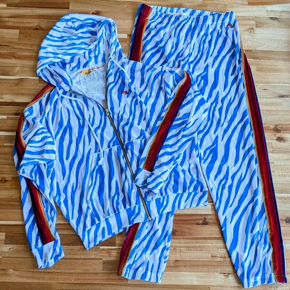 Aviator Nation Blue Zebra Velvet Tracksuit Set Zip Hoodie Top-Medium, Bottom-XL
